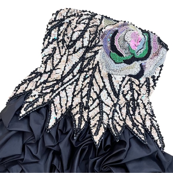 Vintage 1980s Black Bubble Hem Ruffled Boned Strapless Sequin Dress RARE XS - Picture 14 of 16